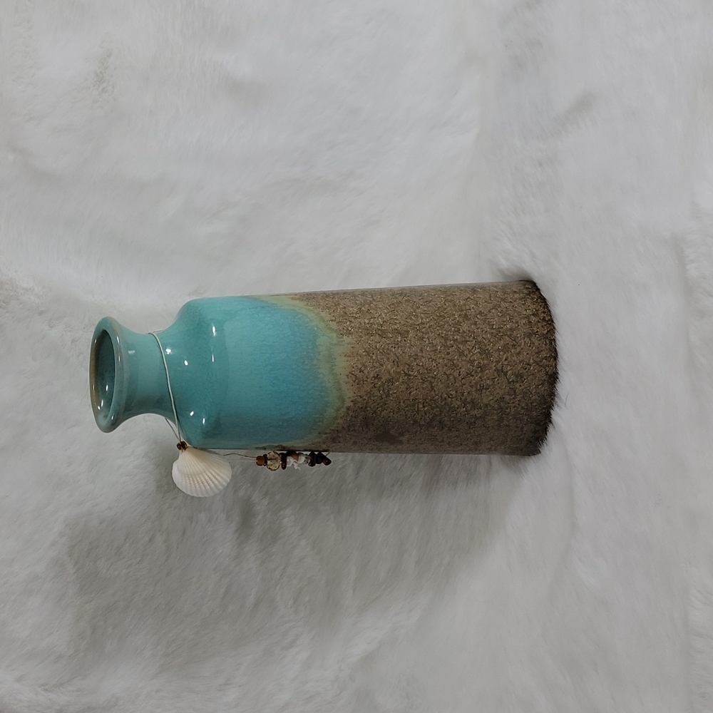 Teal and Light Brown Vase with Shell